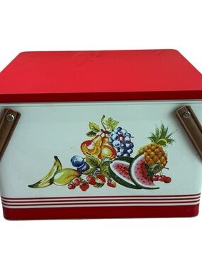 Vintage World Market Picnic Basket Metal Wood Handles Red Watermelon
